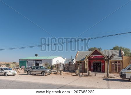 ASKHAM SOUTH AFRICA - JULY 6 2017: A general dealer and a liquor shop in Askham a small town in the Northern Cape Province of South Africa