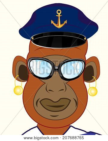 Ape captain bespectacled and service cap on white background