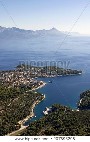Aerial view of village Sumartin bay and peninsula on Brac island in Croatia