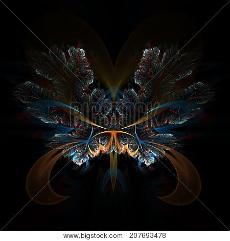 Decorative colorful fractal Butterfly. Abstract fractal background purple Decorative Butterfly. An abstract computer generated modern fractal design on dark background. Abstract fractal color texture. Digital art. Abstract Form & Colors. Abstract fractal