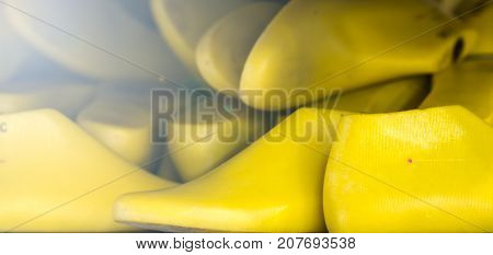 yellow plastic shoe lastform prepare in the shelf of footwear factory