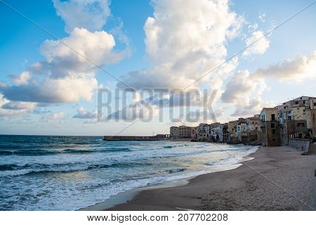 Touristic And Vacation Pearl Of Sicily, Small Town Of Cefalu, Sicily, South Italy, Sea View