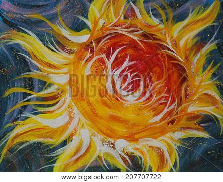Acrylic painting on canvas of fiery sun on dark background