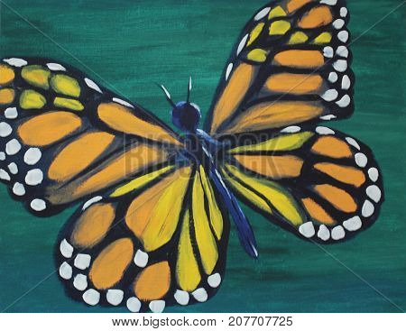 Painting of Monarch Butterfly on Green background.