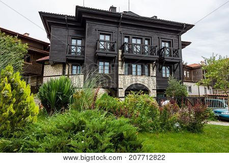 NESEBAR BULGARIA - AUGUST 21 2017: Typical apartment building in the old town. Nesebar is an ancient city and one of the major seaside resorts on the Bulgarian Black Sea Coast.