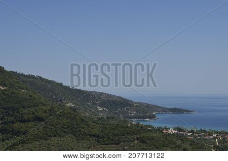 View from mount Ipsarion to the North over the golden beachpicture from Thassos Island Greece.