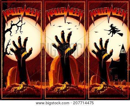 Hand of zombie raised up from grave on a cemetery with an abandoned hut and witch flies on a broomstick on a background with Moon. Flyer card set for Halloween holiday from vector graphic illustration