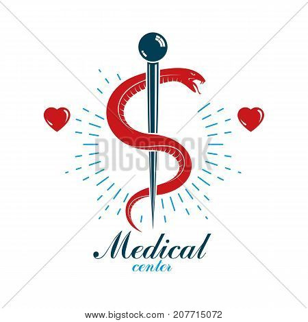 Aesculapius vector abstract business logo for use in medical treatment. Cardiovascular system diseases prevention conceptual emblem.