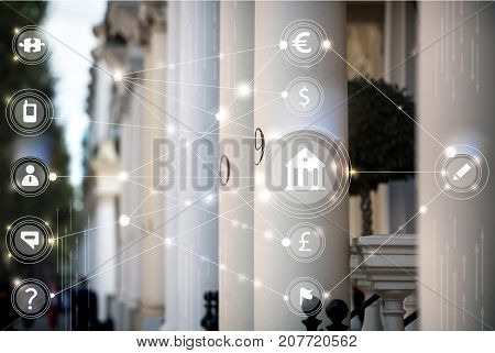 English luxury property entrance with columns and network connections icons. Property market concept.