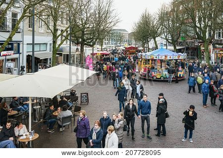 Deventer Netherlands - December 18 2016: Market and funfair in the old town during Dickens Festival in Deventer in The Netherlands
