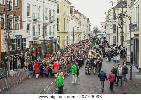Deventer Netherlands - December 18 2016: Queue of visitors to the Dickens Festival in Deventer in The Netherlands
