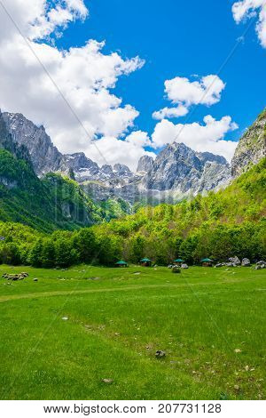 Scenic Green Meadow On The Background Of High Peaked Rocks.