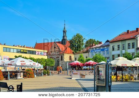 CHRZANOW POLAND - AUGUST 19 2017: Market in the city center of Chrzanow Poland.