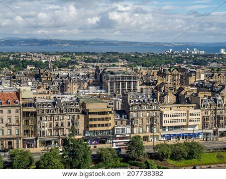 EDINBURGH, SCOTLAND - JULY 29: View of Edinburgh's beautiful streets and buildings from Edinburgh Castle on July 29, 2017 in Edinburgh Scotland. Edinburgh Castle is a favorite destination..
