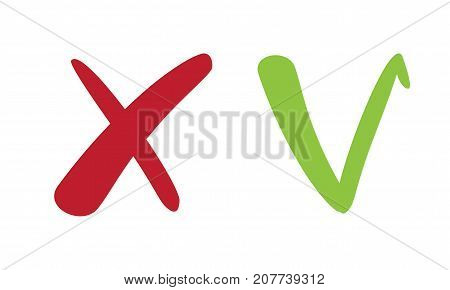 Red cross and green tick set for web sites. Right and Wrong signs isolated on white background vector illustration. Yes and No symbols.