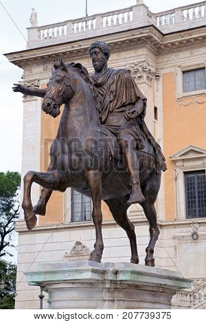 ROME ITALY - JUNE 11 2016: Marcus Aurelius on Capitol Hill in Rome