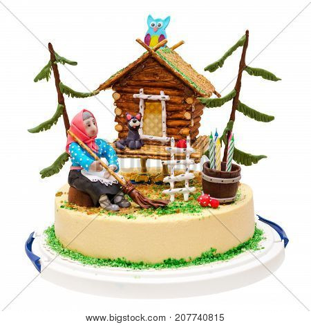 witch and house cake with forest, owl, cat, candle, isolated on white background