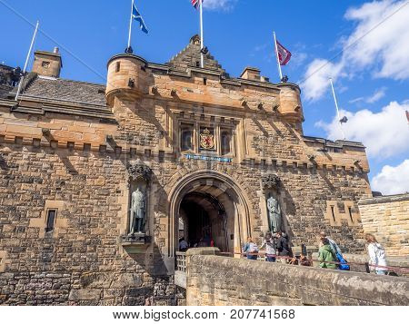 EDINBURGH, SCOTLAND - JULY 29: External facades of entrance to Edinburgh Castle on July 29, 2017 in Edinburgh Scotland. Edinburgh Castle is full of many ancient buildings.