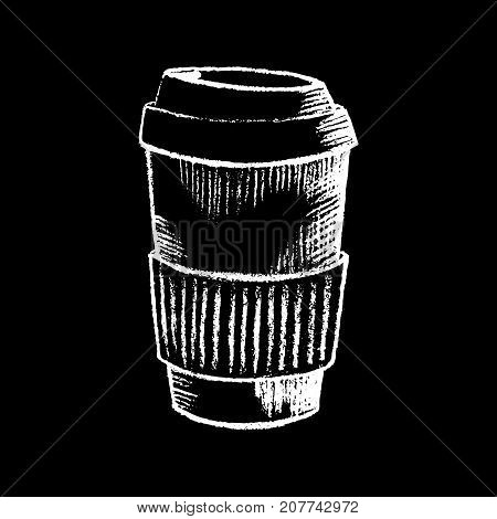 Coffee paper cup white chalk on black chalkboard vector illustration. Big paper coffee cup on blackboard. Coffee shop or bar menu icon. Takeaway drink chalkboard drawing. Coffee to go logo. Hot drink