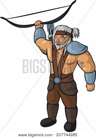 Vector strong medieval gray haired archer with long bow