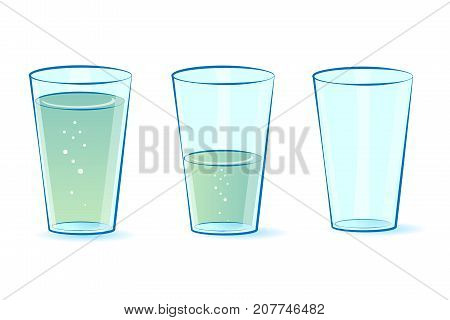 Glasses set for water. Glasses: full empty half-filled with water.