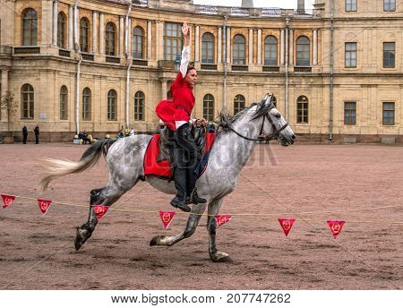 Gatchina St. Petersburg Russia - September 30 2017: Horse show of Cossacks on the parade ground of the Gatchina Palace. . Young Cossack performs tricks on horseback.