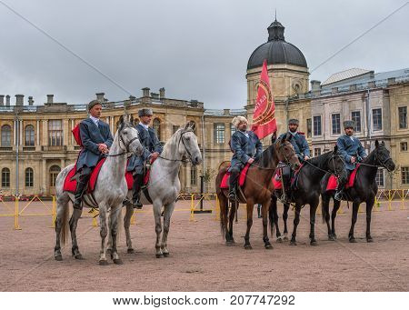 Gatchina St. Petersburg Russia - September 30 2017: Horse show of Cossacks on the parade ground of the Gatchina Palace. The construction of Cossacks on the parade ground of the Gatchina Palace.