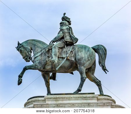 King Statue Tomb of Unknown Victor Emanuele Monument Rome Italy. Monument created in 1911 to the first king of a united Italy. Designed by Giussepe Sacconi in 1885