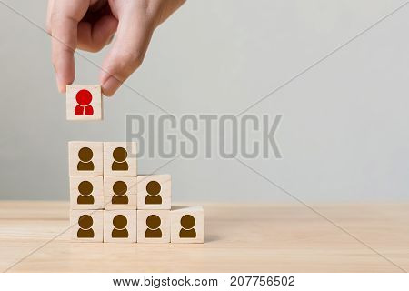 Human resource management and recruitment business concept Hand putting wood cube block on top pyramid Copy space