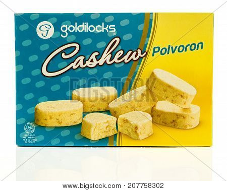 Winneconne WI - 1 October 2017: A box of Goldilocks polvoron in cashew flavor on an isolated background.