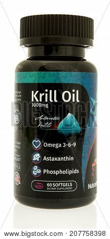 Winneconne WI - 6 October 2017: A bottle of Nutrablast krill oil capsules on an isolated background.