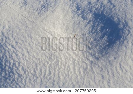 Snow-covered Grass And Soil In Winter. On The Right There Is A Hill - A Snowdrift, From Which Sticks