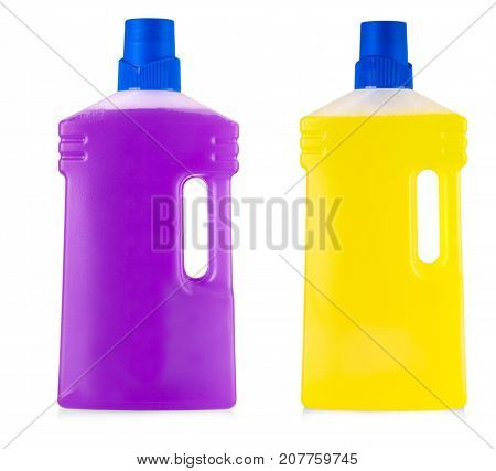 Colored plastic bottles with handle and liquid laundry detergent cleaning agent bleach or fabric softener isolated on white background