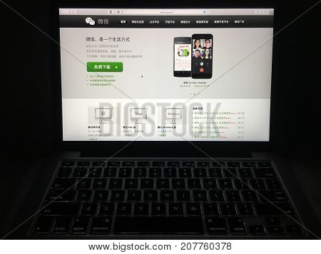 Wuhan China, 7 October 2017:  Wechat chinese instant messaging social media website homepage on laptop screen.  Wechat logo