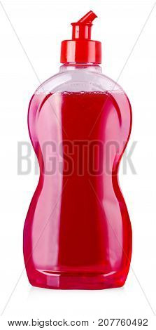 red cleaning equipment isolated on a white background. colored plastic bottles with Detergent isolated on white background .