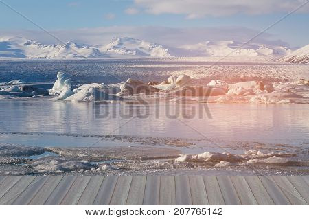 Opening wooden floor Winter Jakulsarlon lagoon nautural lanscape background Iceland