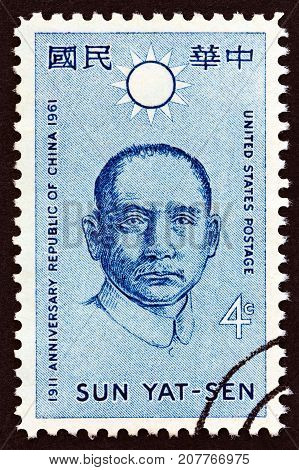 USA - CIRCA 1961: A stamp printed in USA issued for the 50th anniversary of Republic of China (Taiwan) shows Sun Yat-sen, circa 1961.