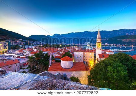Church of the Holy Trinity, night view. Citadela Old Budva. Montenegro.