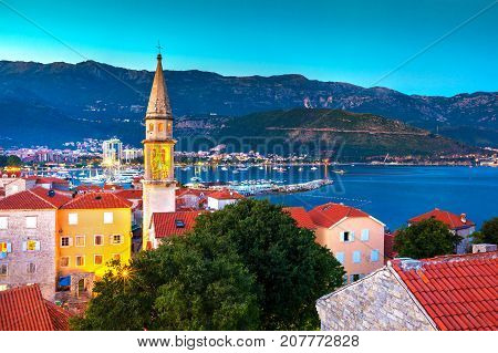 Church of the Holy Trinity, night view. Citadela Old Budva. Montenegro.
