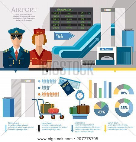 Airport infographics international airlines banner. Airport set terminal aircraft runway airline pilot stewardess baggage inspection scanner vector
