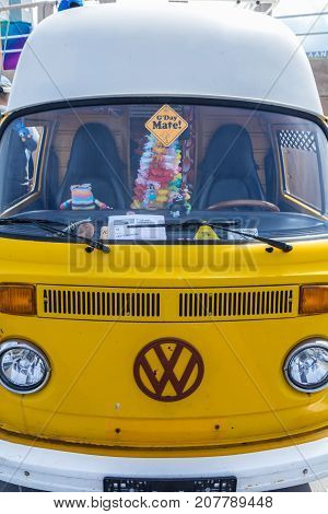 Scheveningen The Hague the Netherlands - 21 May 2017: VW kombi van at the beach
