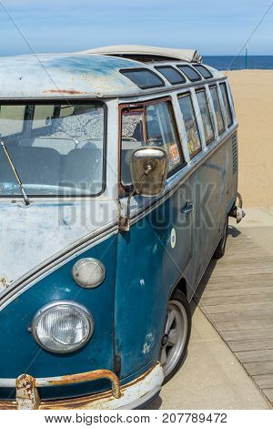 Scheveningen The Hague the Netherlands - 21 May 2017: VW kombi van at the beach