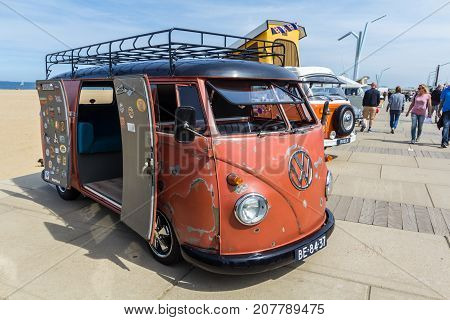Scheveningen The Hague the Netherlands - 21 May 2017: VW kombi van at the beach