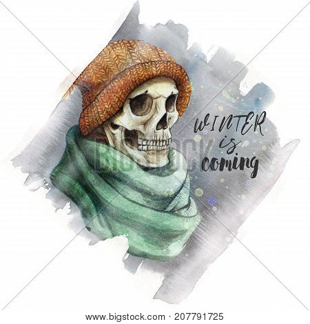 watercolor drawing in the theme of Halloween dull human skull in orange knitted warm woolen hat and green scarf,gray ice, frost, background watercolor stains of gray color, frame for decoration