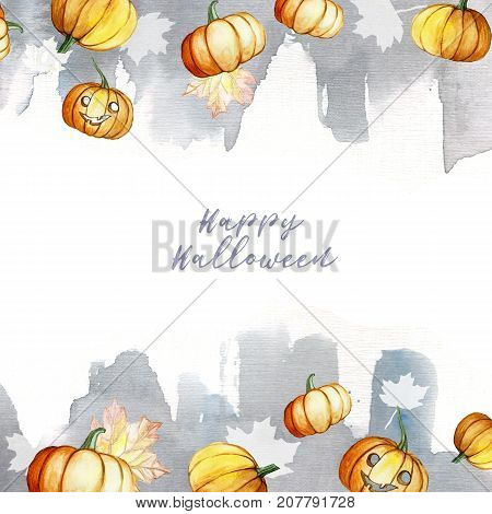 watercolor picture in a Halloween theme frame of pumpkins, leaves and a watercolor gray background with an inscription, autumn decor, autumn, illustration