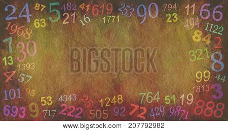 Numerology Numbers border background  -  random multicolored numbers creating a border on a stone effect rustic background with a central copy space