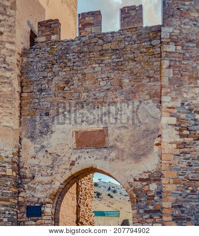 Genoese fortress in Sudak, the Crimea Peninsula, Black sea. Consular castle and the fortification wall of the upper tier. Part of the wall, Museum-reserve 