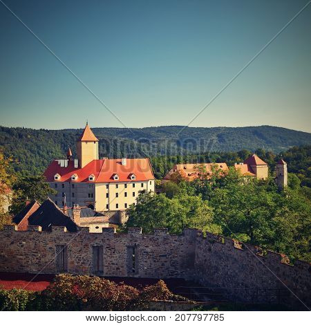 Beautiful Gothic castle Veveri. The city of Brno at the Brno dam. South Moravia - Czech Republic - Central Europe.