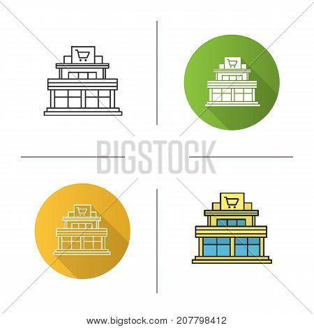 Shopping mall icon. Flat design, linear and color styles. Emporium. Isolated vector illustrations