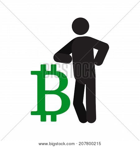 Man lean on bitcoin sign silhouette icon. Businessman, analyst, economist, financier, marketer, manager. Successful and confident person. Isolated vector illustration
